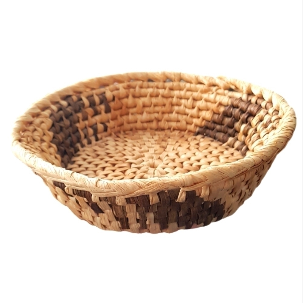 Small Two-Tone Woven Palm Leaf Basket Boho Farmhouse Catchall 8"